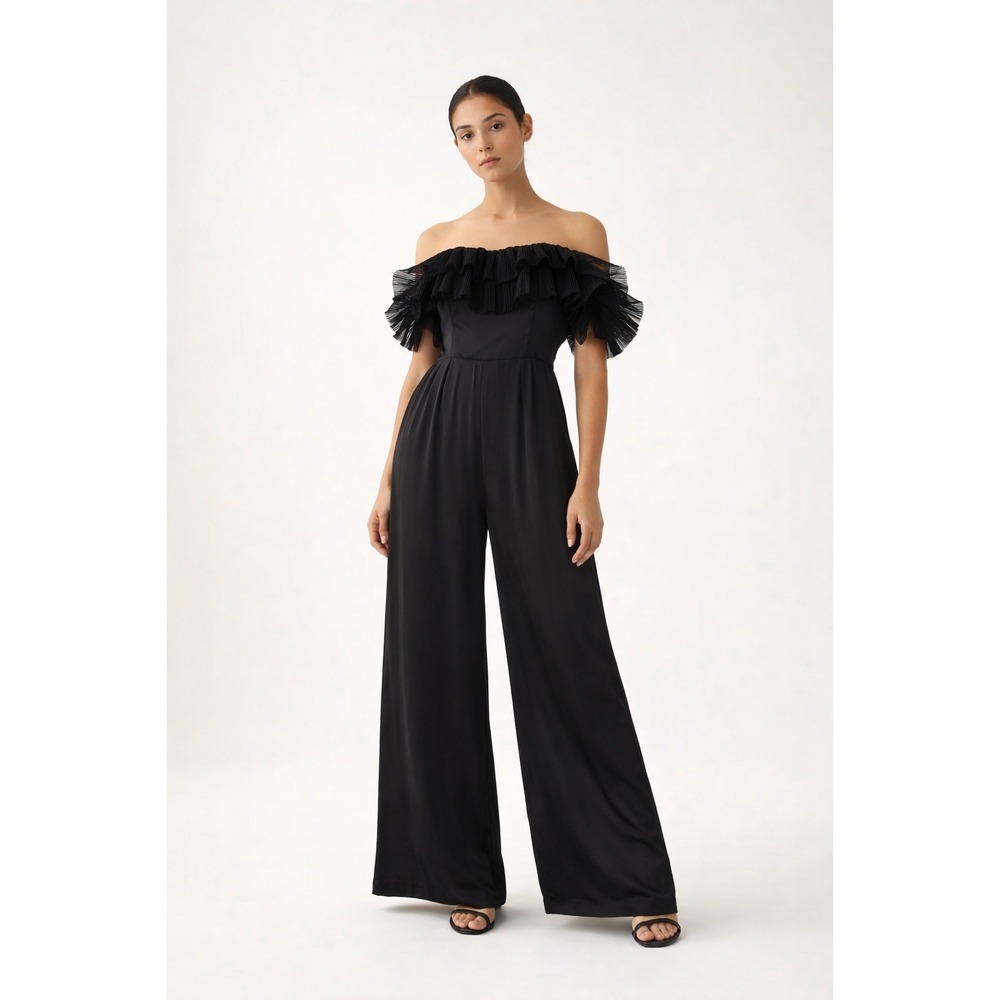 La Maison Talulah Black Wide Leg Jumpsuit Pleated Ruffle Strapless Size S